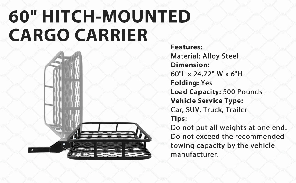Unovivy 60" x 24" x 6" Folding Cargo Carrier Hitch, 500 LBS