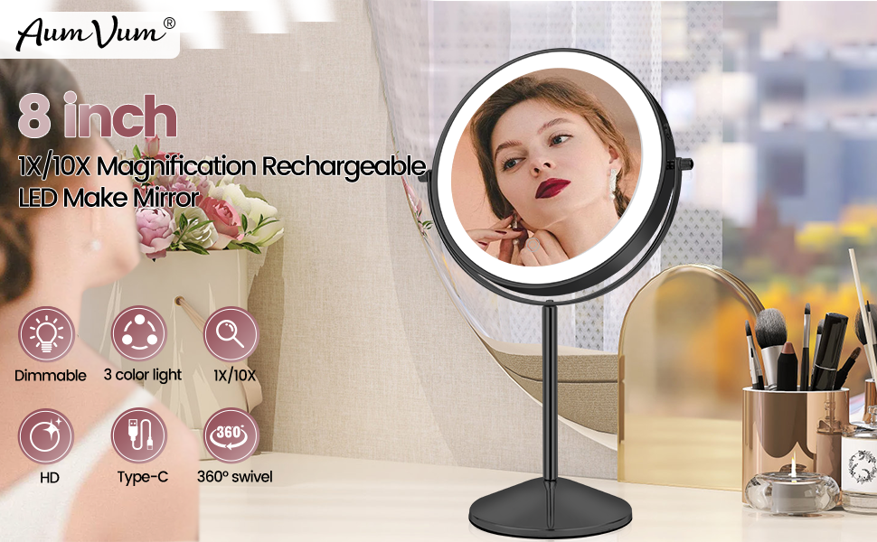 8" 1X/10X Magnification Rechargeable LED Make Mirror