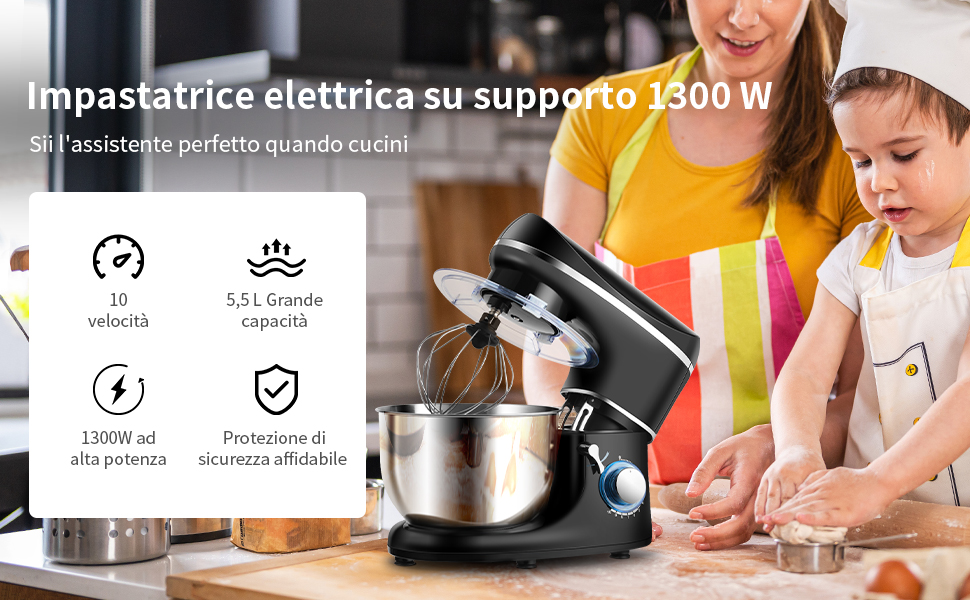 RELAX4LIFE Robot Da Cucina Con 10 Velocità, 1300 W, Impastatrice E Planetaria Multifunzionale, Basso Rumore, Testa Inclinata Regolabile, Per Pane, Dolci E Pizza (nero) 13 1