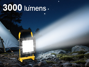 Text reads: '3000 lumens'. Image shows bright beam of light illuminating nighttime outdoor scene with camping/work light visible.