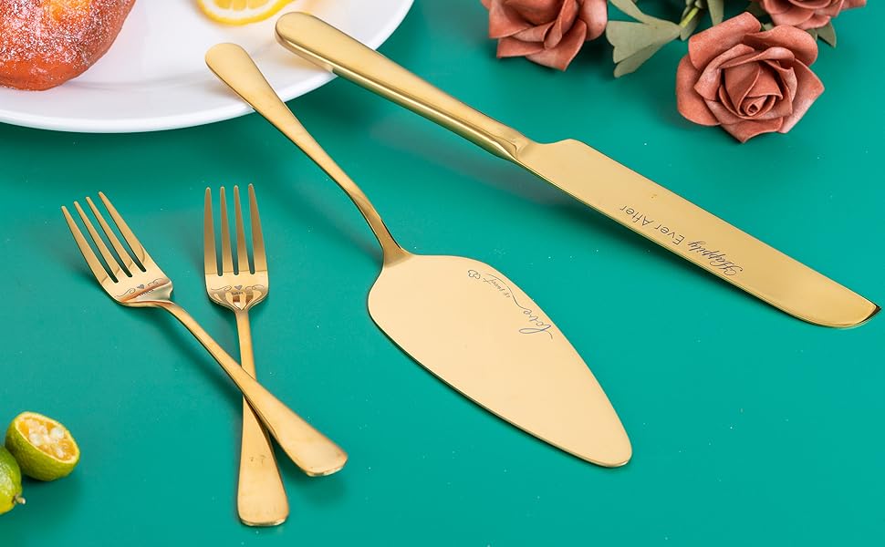 Wedding Cake Knife and Server Set with Forks, Engraved