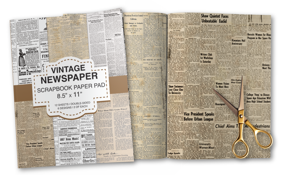 Vintage Newspaper Scrapbook Paper Pad 8.5” x 11”: Old