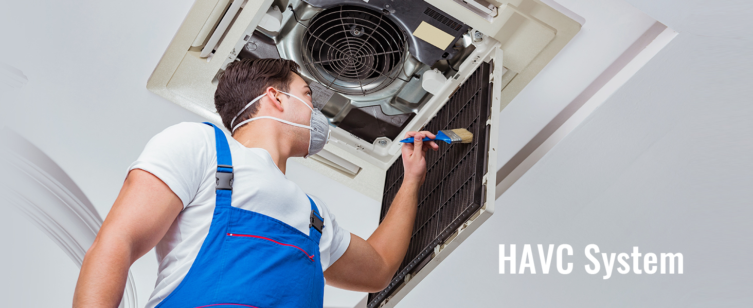Il testo dice «Sistema HAVC». Immagini multiple che mostrano i lavori di manutenzione tecnica eseguiti sulle apparecchiature di ventilazione o condizionamento dell'aria.