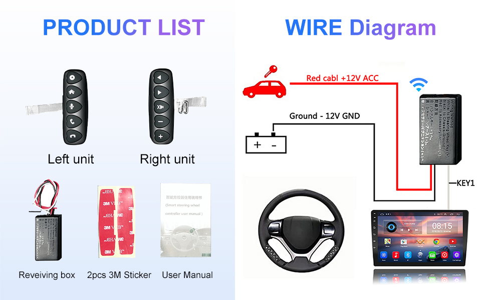 Universal Wireless Steering Wheel Control Remote Buttons with Bluetooth