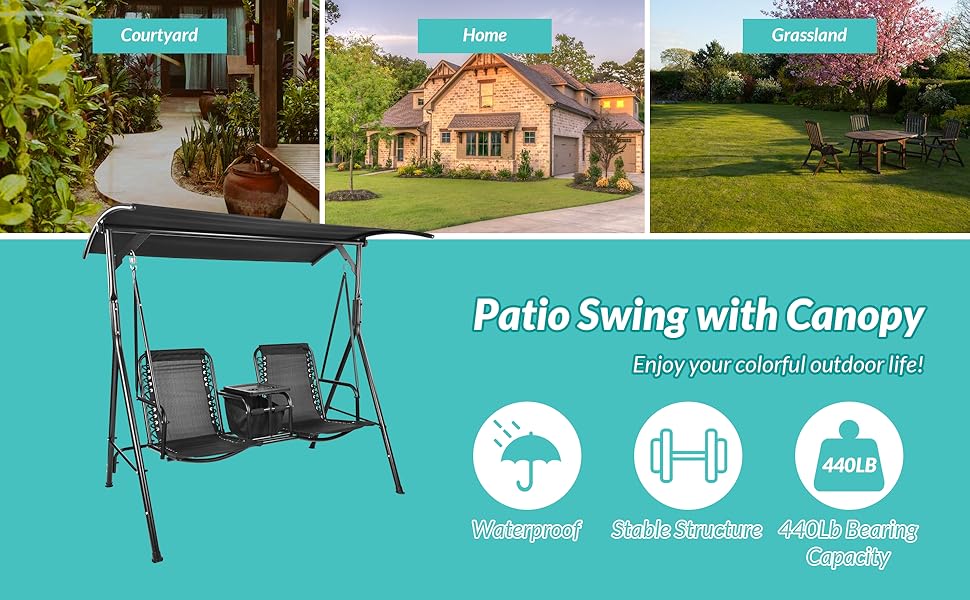 Elevon 2 Seat Outdoor Patio Swing Chair Outdoor Canopy