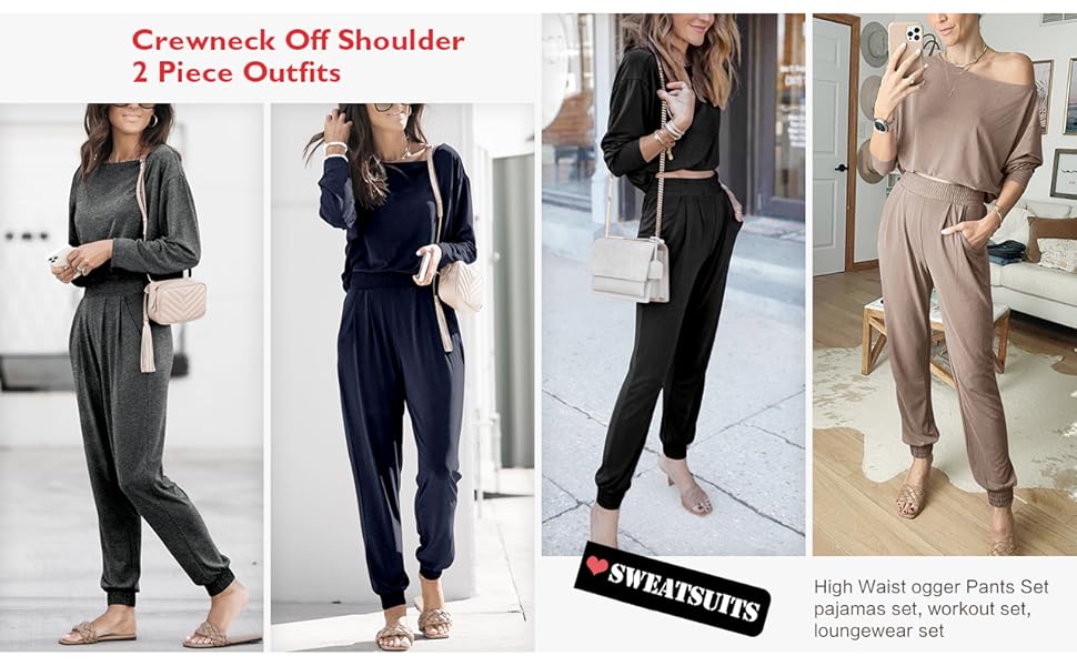 Two Piece Outfits Long Sleeve Off Shoulder Pullover Long Pants Tracksuit Jogger Set with Pockets