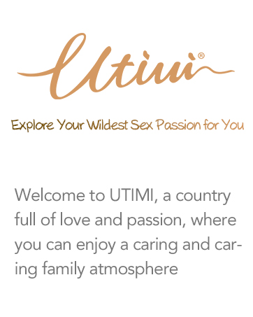 Text reads 'Welcome to UTIMI, a country full of love and passion, where you can enjoy a caring and caring family atmosphere'. Decorative text layout with cursive font.