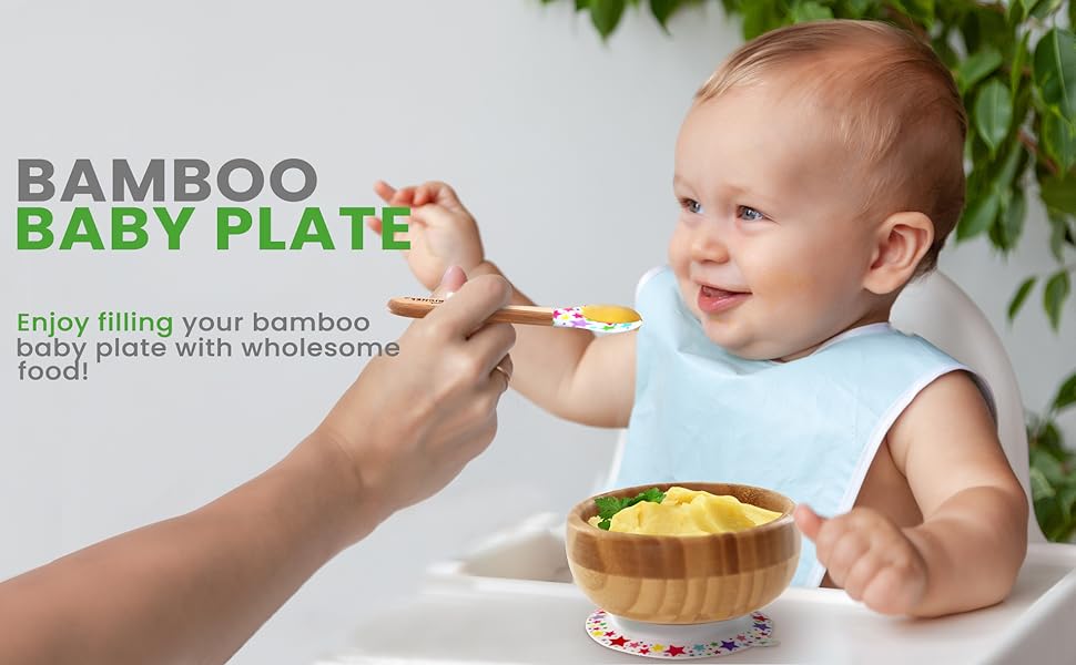  Round Bamboo Baby Plate;Wooden Toddler Plate;Stay Put Feeding;BPA-Free