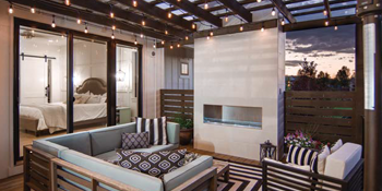 Interior of a waterfront home living room and ceiling lighting