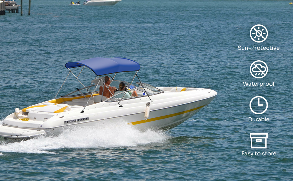 Kemimoto 3 Bow Bimini Tops for Boats, Blue 79"84" Fits VHull Fishing