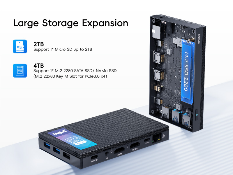 External storage device with 2TB and 4TB capacity options. Black rectangular device with multiple ports shown from two angles, emphasizing large storage expansion.