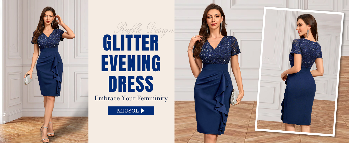 NAVY BLUE ELEGANT GLITTER EVENING V NECK DRESS