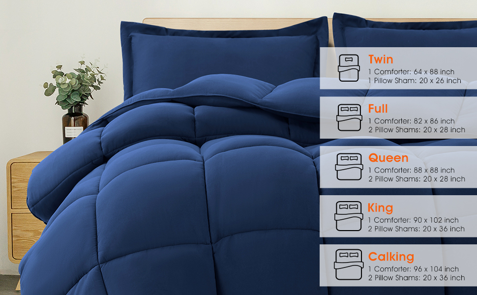 BEDHOURS Queen Comforter Set 3Pcs Navy Blue Bedding Comforter Sets All