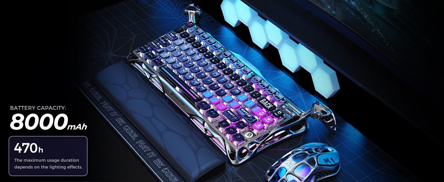 Wireless mechanical keyboard with 8000mAh battery for long-lasting performance.