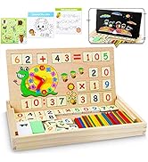 Giocattoli educativi in legno che includono blocchi per contare i numeri e set per l'apprendimento aritmetico con numeri da 0 a 9 visualizzati con finitura in legno naturale.