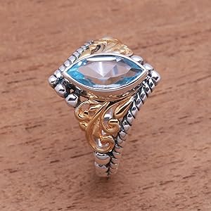 NOVICA Artisan Handmade 18k Gold Accented Blue Topaz Singlestone Cocktail Ring From Indonesia