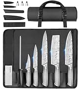 Professional knife set in black carrying case, featuring multiple Damascus steel kitchen knives with patterned blades and steel handles.