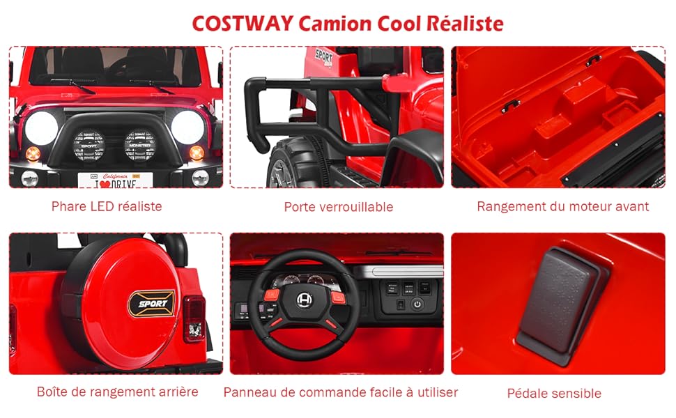 COSTWAY Voiture 4x4 Électrique 12V Pour Enfants 3+ Ans, Avec 2 Places, Télécommande 2.4G, Suspension à Ressorts, 3 Vitesses, Port USB Et Aux, Lumières LED, Musique Et Klaxon, 123 X 80 X 80 Cm (Rouge) 10 1