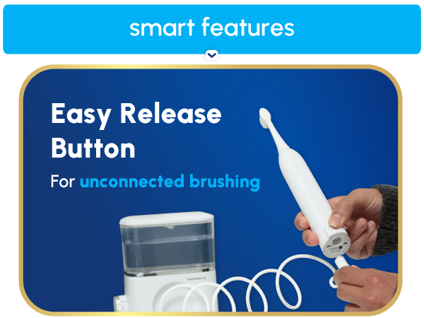 Image of disconnecting toothbrush power handle with text reading easy release button