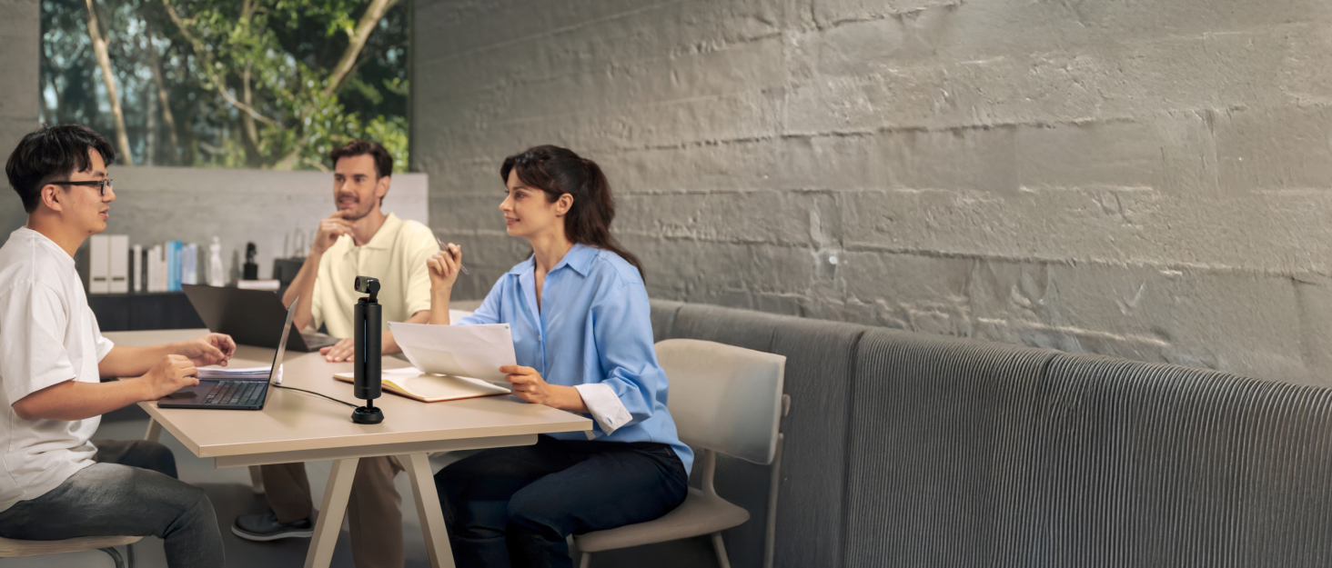 Three connected scenes showing people relaxing on gray couches in what appears to be a social or casual business setting.