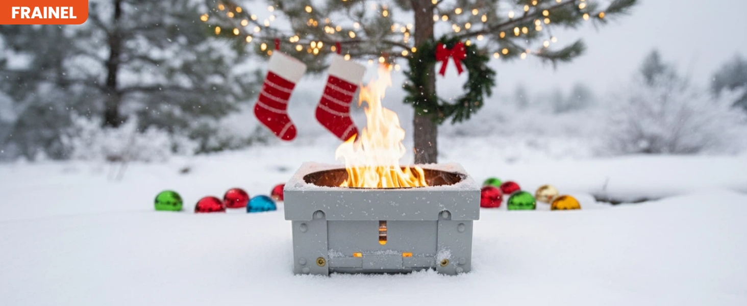 Stove burning steadily in a snowy Christmas setting, surrounded by festive decorations