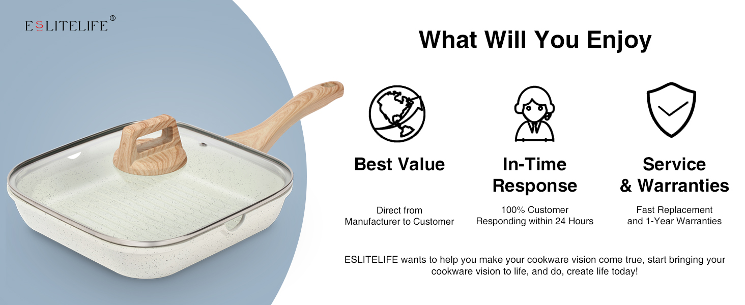 ESLITE LIFE Cast Aluminum Grill Pan with Lid for Indoor