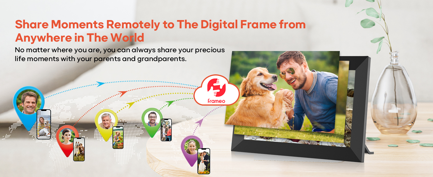 WiFi-enabled digital picture frame with slideshow options, making it simple to share and display family photos remotely