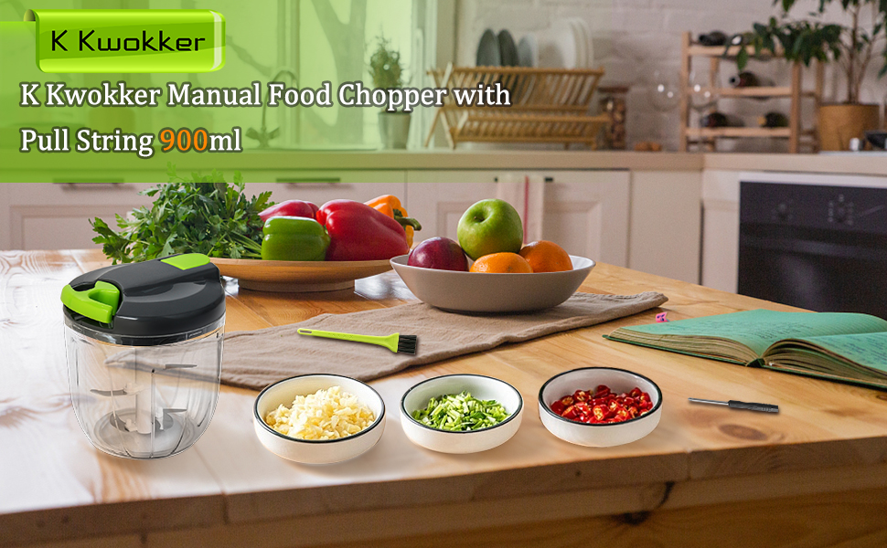 900ml Manual Food Chopper, K Kwokker Manual Food Processors Pull String