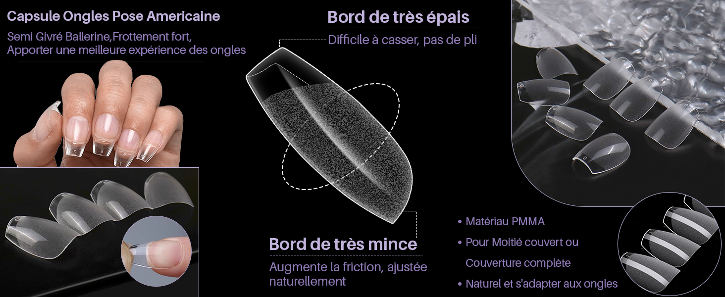 ZIFUTON 600 Pcs Capsule Americaine Ongle,Faux Ongles Transparente