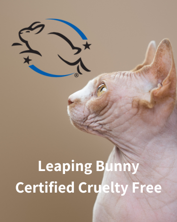 Sphynx Cat looking up towards a Leaping Bunny logo