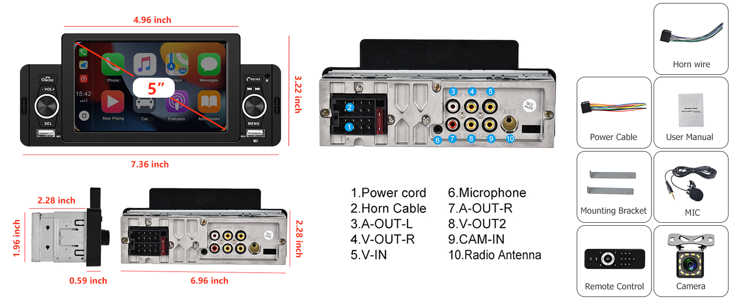 CAMECHO 5 Inch Single Din Car Stereo with Apple Carplay Android Auto