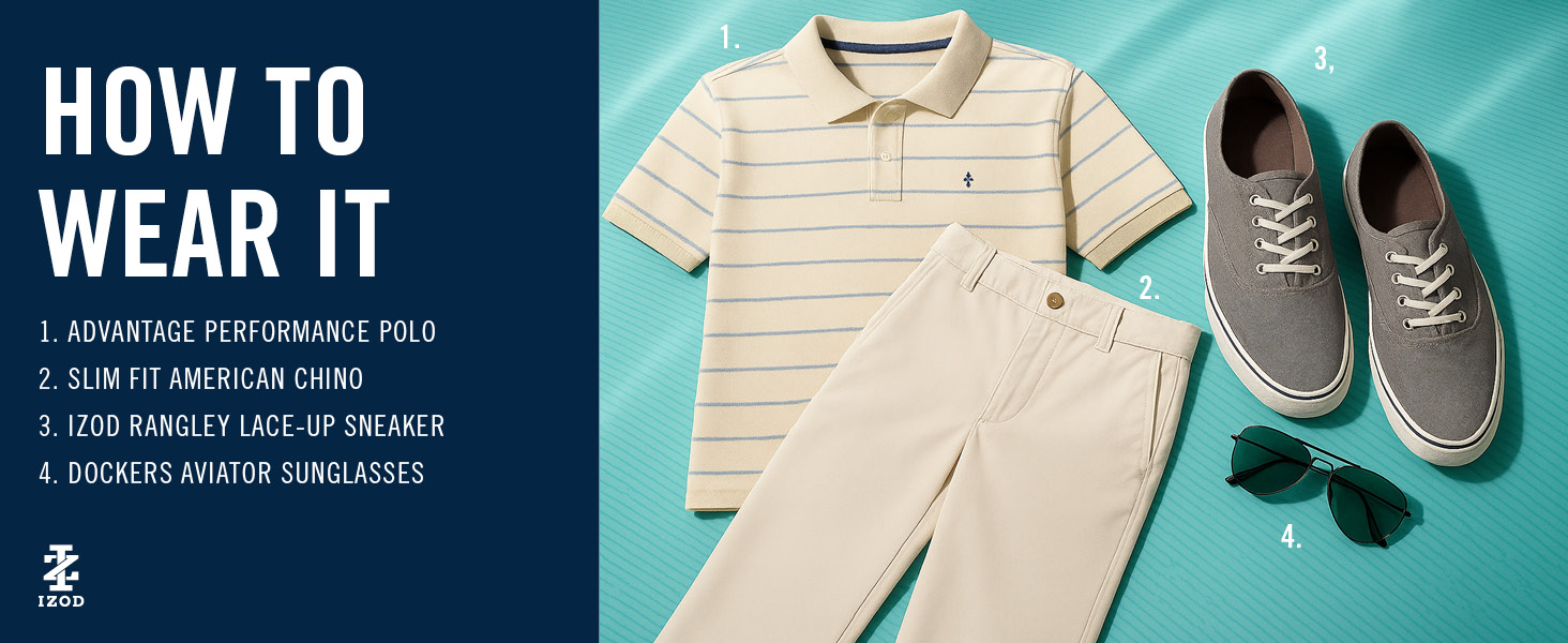 IZOD Advantage perforamance polo for men layed out with slim fit chino pants, shoes and glasses