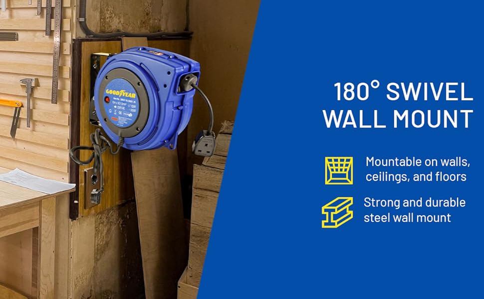 Text reads '180° SWIVEL WALL MOUNT' with icons. Blue industrial-style mounted equipment shown on workshop wall.