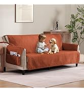 Pamhaven Burnt Orange Sofa Covers with Pockets, Anti-Slip Medallion Couch Covers for 3 Cushion Co...