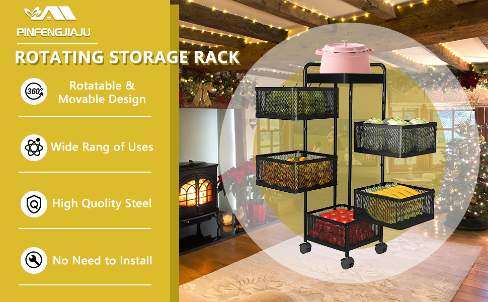 PINFENGJIAJU Rotating Kitchen Storage Shelf with Handle, Fruit Vegetable Storage