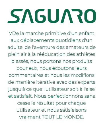 Bloque de texto verde con el logo «SAGUARO». El texto en francés describe el enfoque de la empresa en el desarrollo de calzado para diversas actividades y en la satisfacción de los usuarios.