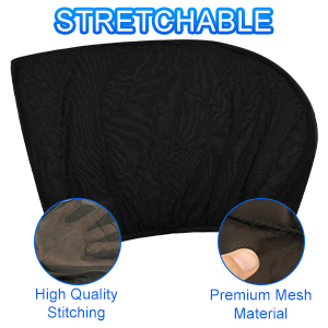 Black stretchable product with curved shape. Features premium mesh material and high-quality stitching. Text 'STRETCHABLE' in blue above the item.