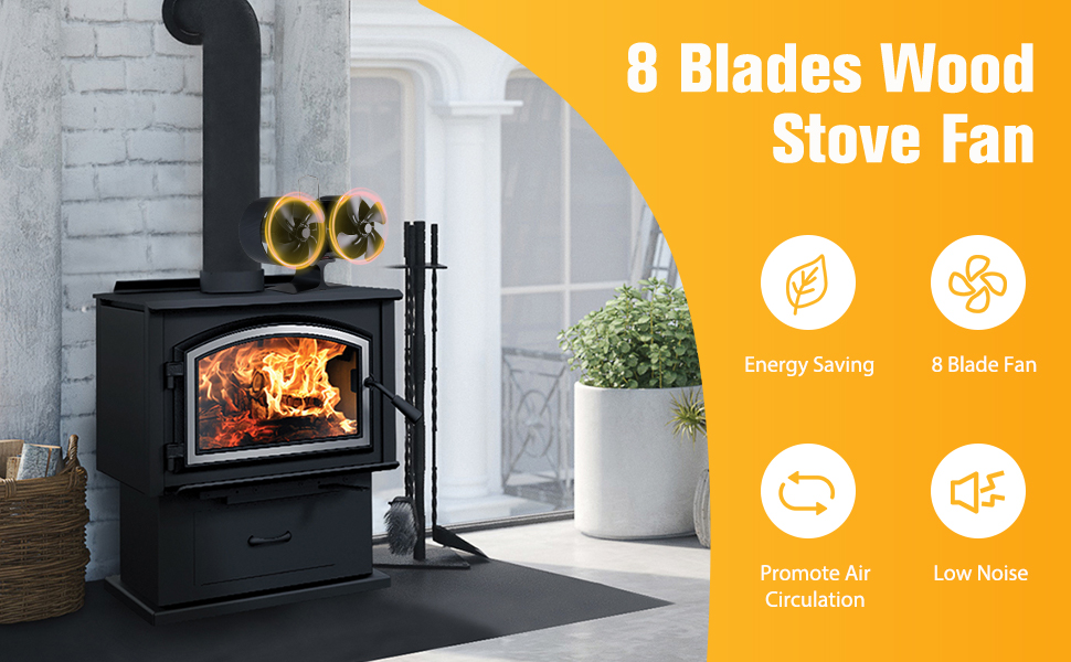 Log Burner Fan, 8 Blades Wood Stove Fan, Double Head Stove Fans Log