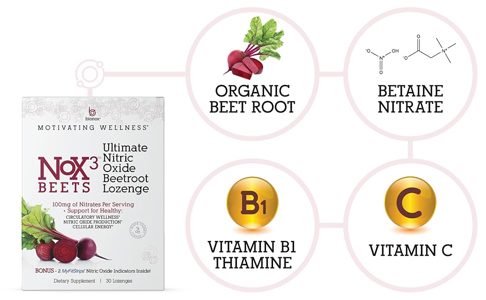 Nox3 Beets Ingredients - Organic Beet Root, Betaine Nitrate, Vitamin B1, Vitamin C