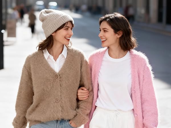 COZYPOIN Womens Fuzzy Mohair Cardigan Open Front Button Down V