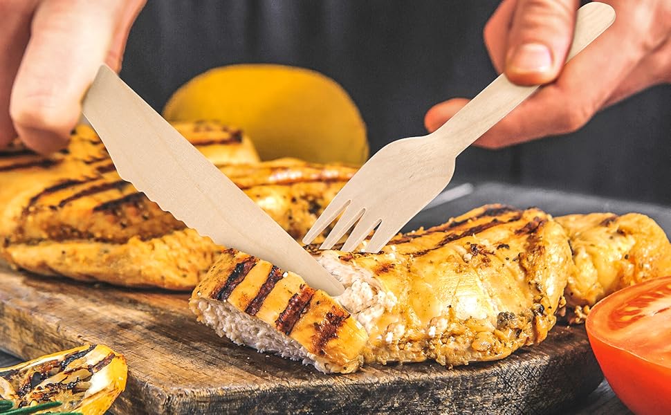 (150 Count) Disposable Wooden Cutlery Set - Alternative to Plastic, Eco Friendly, Biodegradable, Compostable Cutlery Set - 50 Wood Spoons, 50 Wooden Knives & 50 Wooden Forks Disposable Utensils Set 9 wooden cutlery