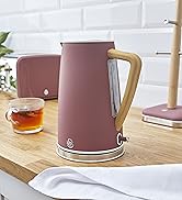 Dusty rose colored ceramic mug with wooden handle shown from multiple angles on wooden surface, with some images including tea or beverage inside.