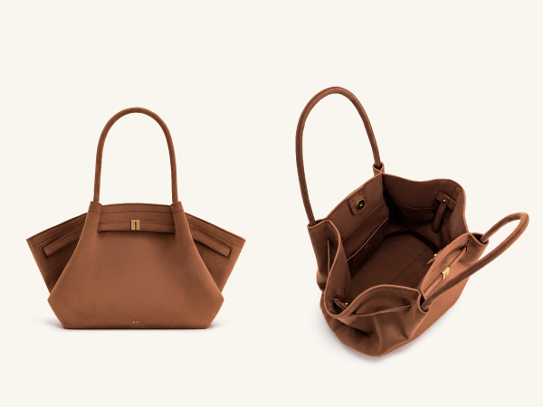 Brown leather handbag shown from two angles, featuring structured design with top handles and expandable sides.