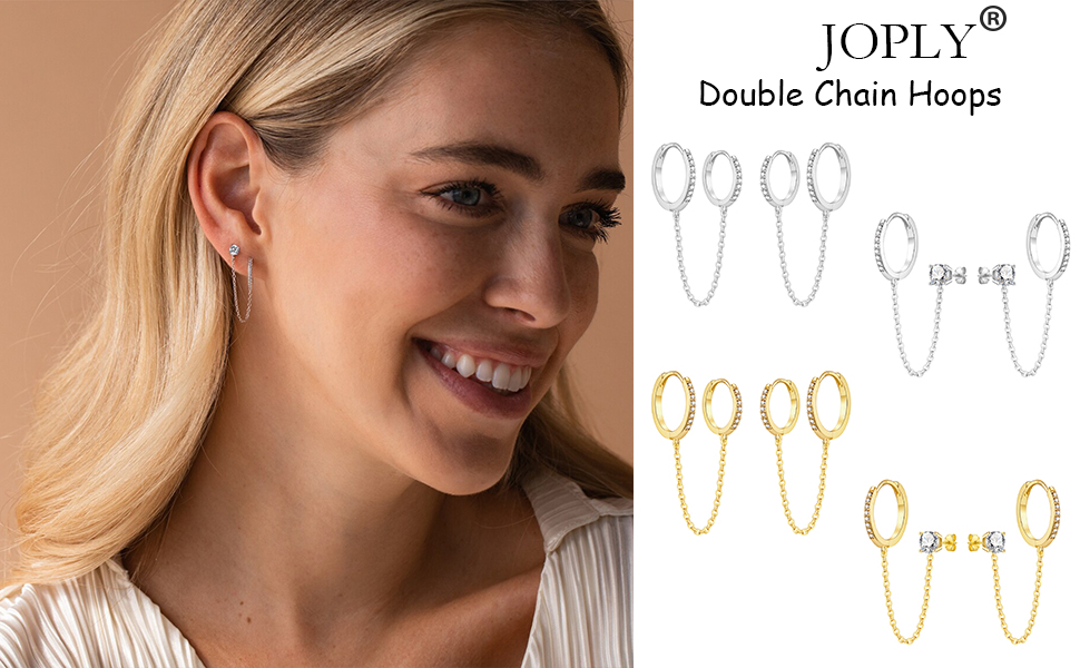 Chain Earrings for Women - 925 Sterling Silver Gold Hoop Double Piercing Earrings Two Holes CZ Huggie Hoop Earrings Set Tassel Drop Link Cuff Cartilage Helix Earrings for Teen Girls Jewellery Gifts 9 Sterling Silver double cz chain Hoop Earrings for Women Lightweight Silver Hoops Earrings for women