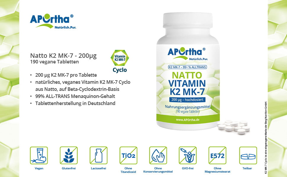 APOrtha Vitamin K2 MK7 200 µg 99+ ALLTrans, 190 Tabletten hochdosiert