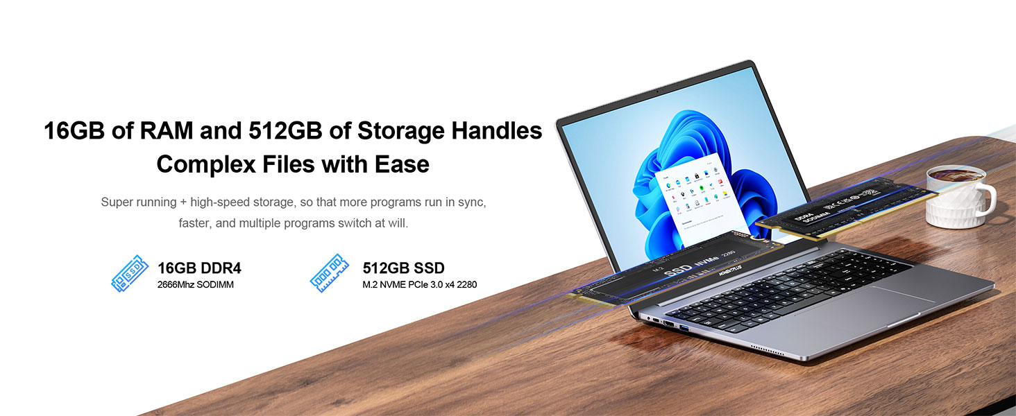 Text reads '16GB of RAM and 512GB of Storage Handles Complex Files with Ease'. Product photo showing laptop on wooden desk with Windows interface visible on screen.