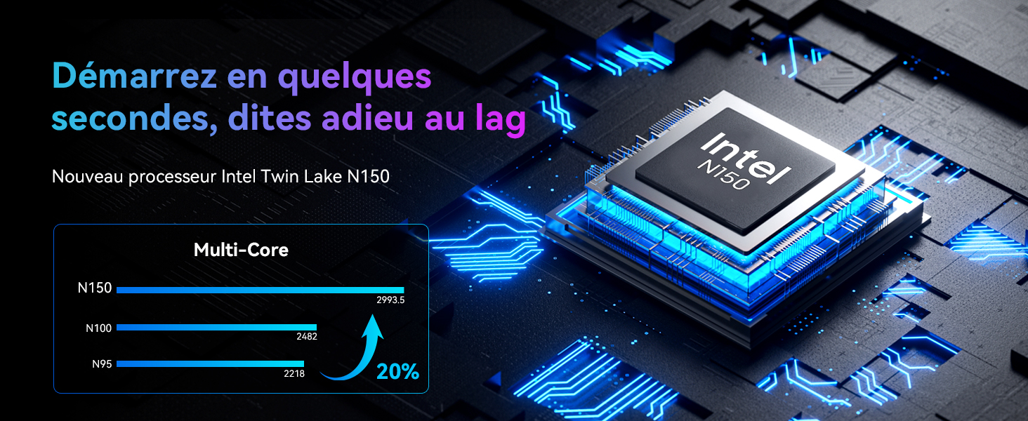 sur la carte mère avec effets de lumière bleue. Le graphique montre l'augmentation des performances multicœurs. Le texte français mentionne le démarrage rapide et la réduction du décalage avec le nouveau processeur Intel de douzième génération