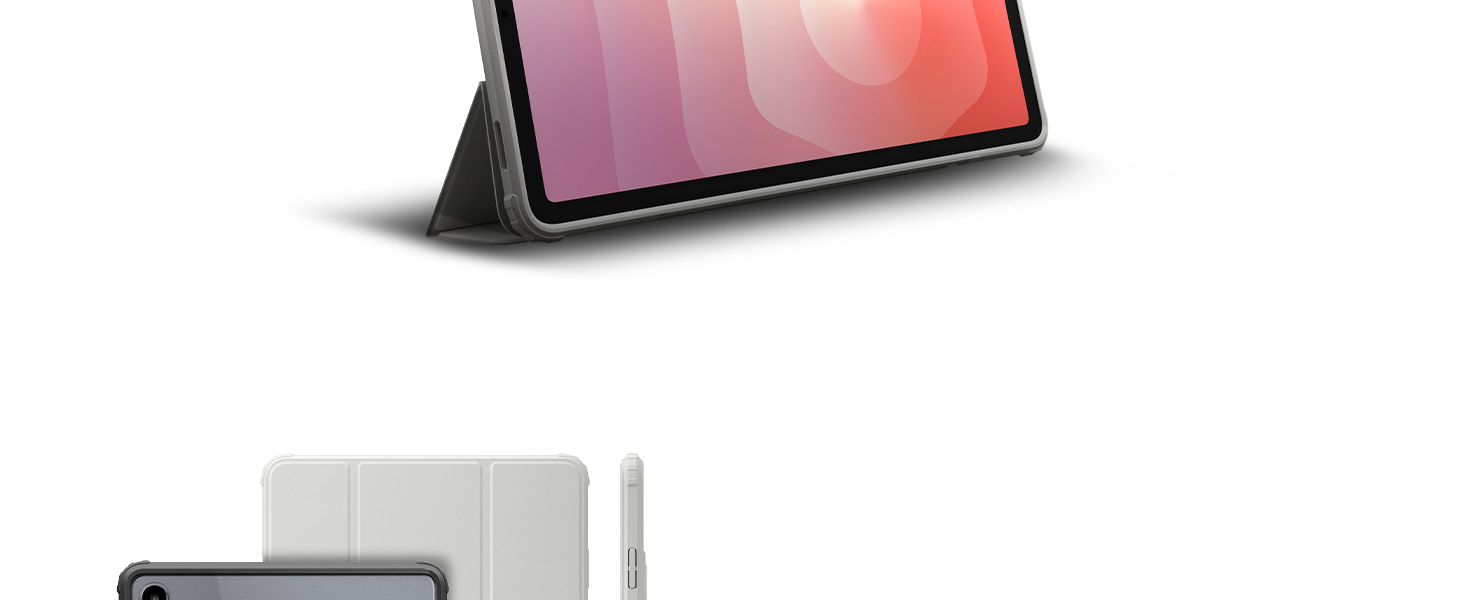 Mehrere Ansichten eines Tablets oder Geräts sind grau/silberfarben und zeigen unterschiedliche Betrachtungswinkel und Faltpositionen.