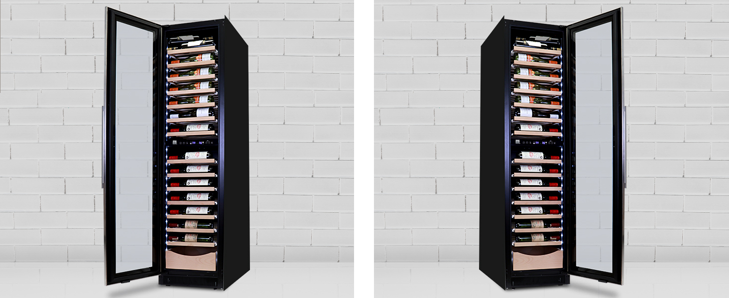 Two views of Kenmore Elite 18-in dual zone wine fridge with reversible door opening left and right