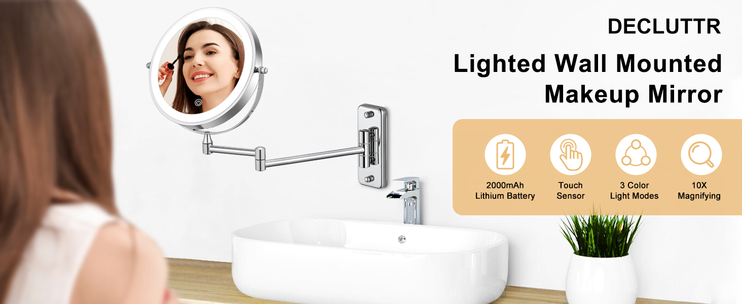 DECLUTTR Rechargeable Lighted Makeup Mirror, Vanity Mirror with 3 Color